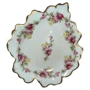 Elite Limoges France 1920 Antique Leaf Trinket Dish Plate Rose Pattern Gold Gild